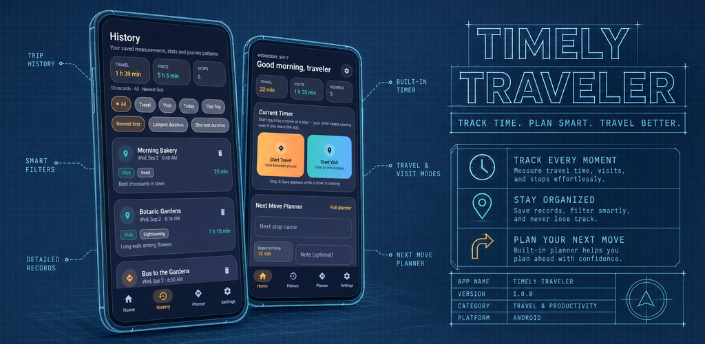 Timely Traveler promotional blueprint banner