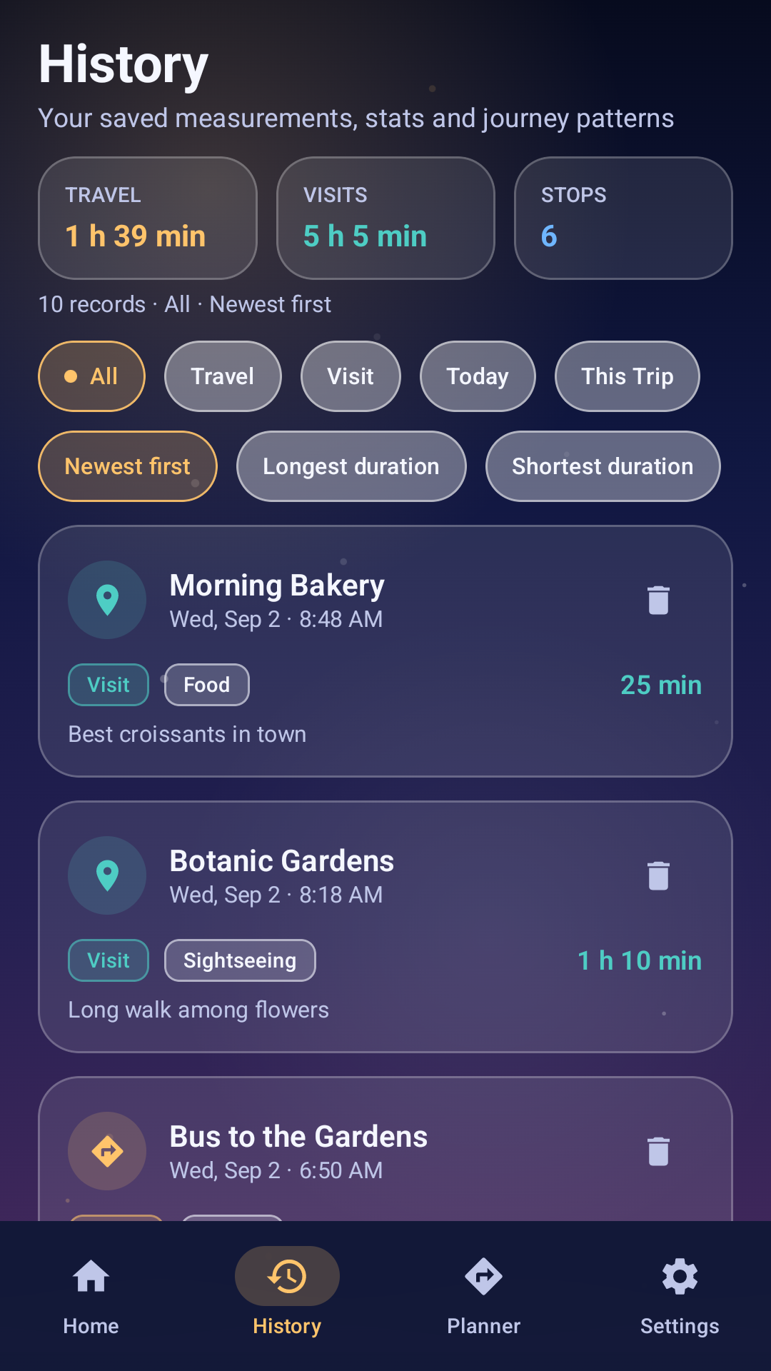 Timely Traveler history screen