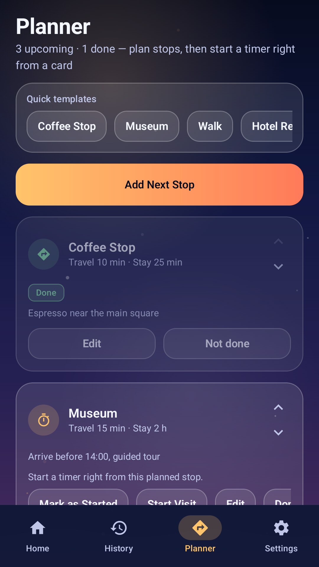 Timely Traveler planner screen