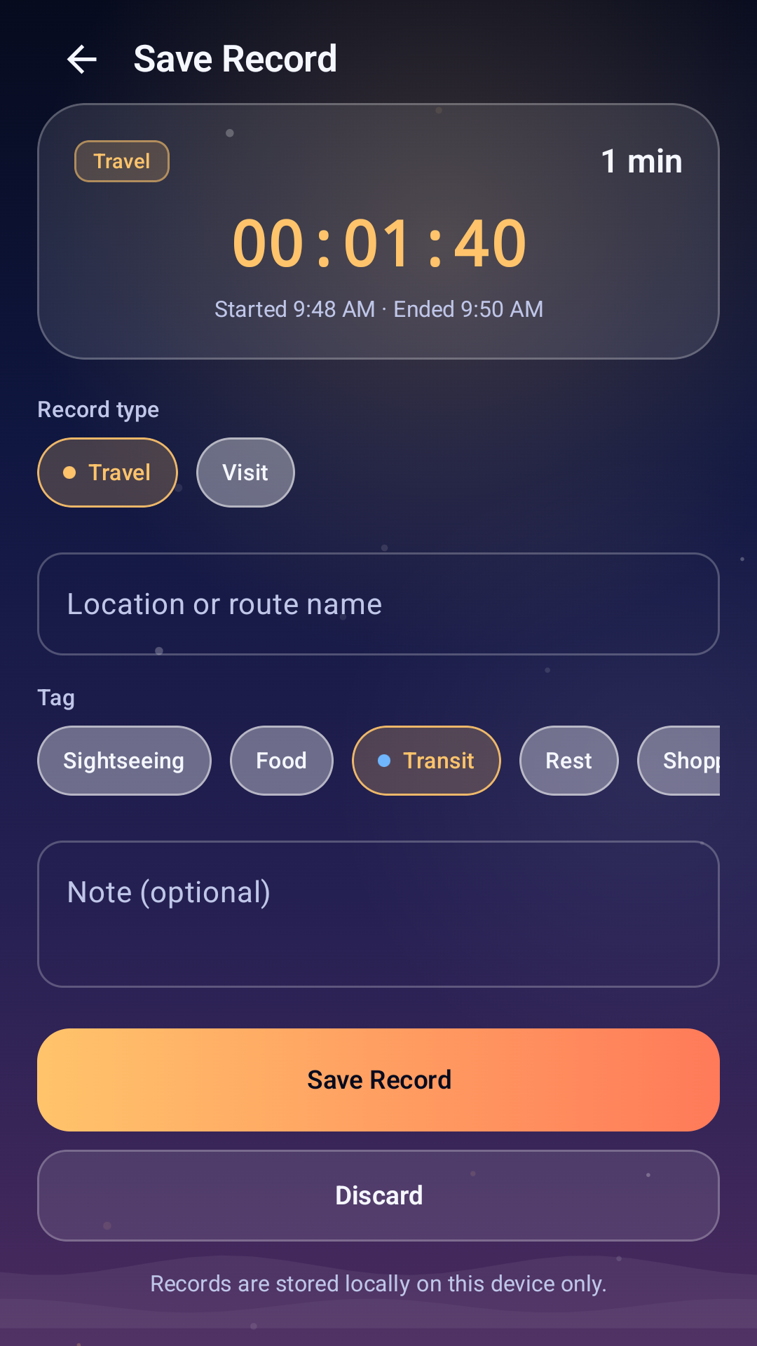 Timely Traveler save record screen